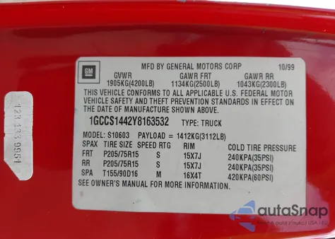 2000 Chevrolet S-10 Ls z USA, uszkodzony, nr VIN 1GCCS1442Y8163532